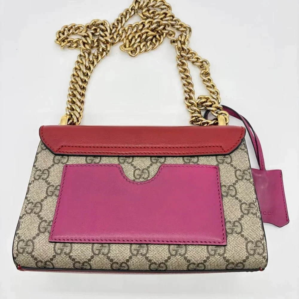 Gucci Pink-Red Leather & GG Canvas Shoulder Bag with Gold Hardware - Picture 3 of 4